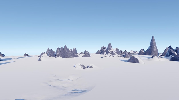 Prachtig besneeuwd landschap. Met bergen op de achtergrond. 3D-rendering