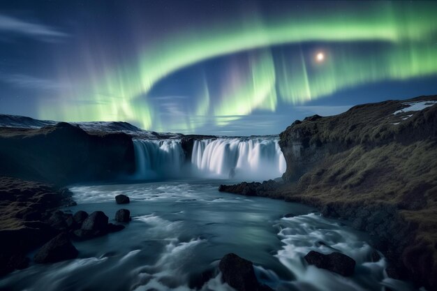 Prachtig besneeuwd landschap met waterval die naar beneden loopt met aurora borealis noorderlicht in de lucht en ook de maan