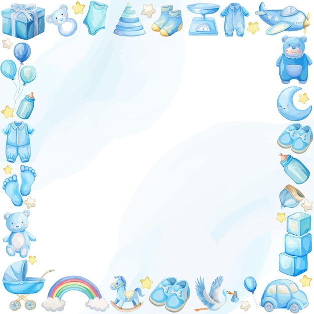 Prachtig blauw vierkant frame van speelgoed in waterverf voor groetekaartjes of uitnodigingen voor pasgeboren douches