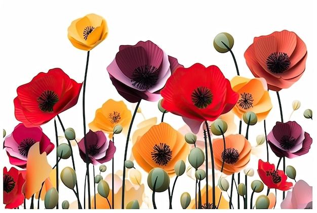 Foto prachtig bloemen botanisch patroon met poppy bloemen op een witte achtergrond lente concept generatieve ai