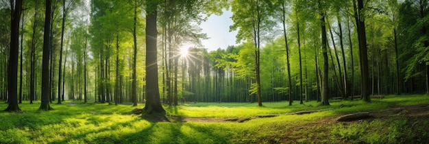 Prachtig bospanorama met grote bomen en felle zon
