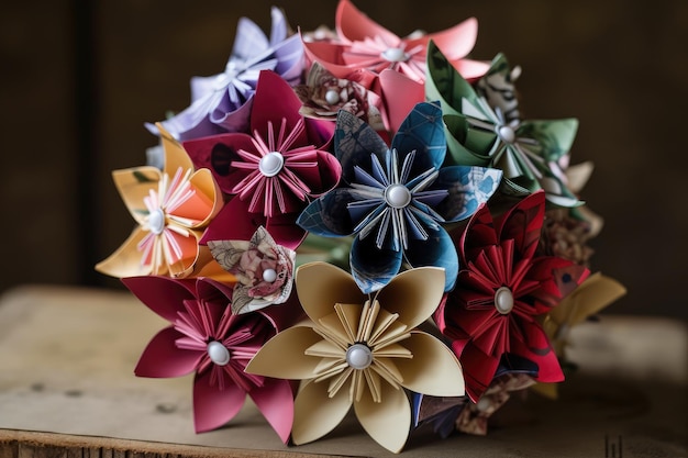 Prachtig bruidsboeket gemaakt van origami papieren bloemen gemaakt met generatieve AI