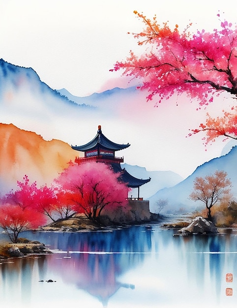 Prachtig Chinees kleurrijk landschap amp bergzicht aquarel Landschap schilderij illustratie