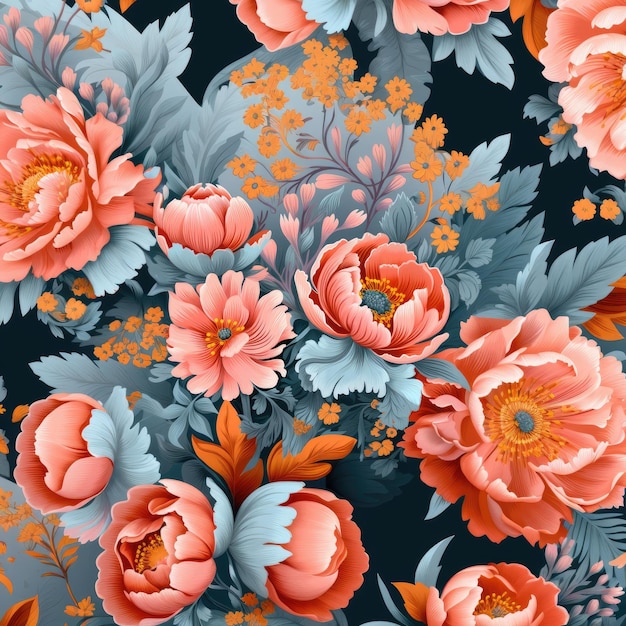 Prachtig contrast roze en oranje bloemenpatroon tegenover blauw