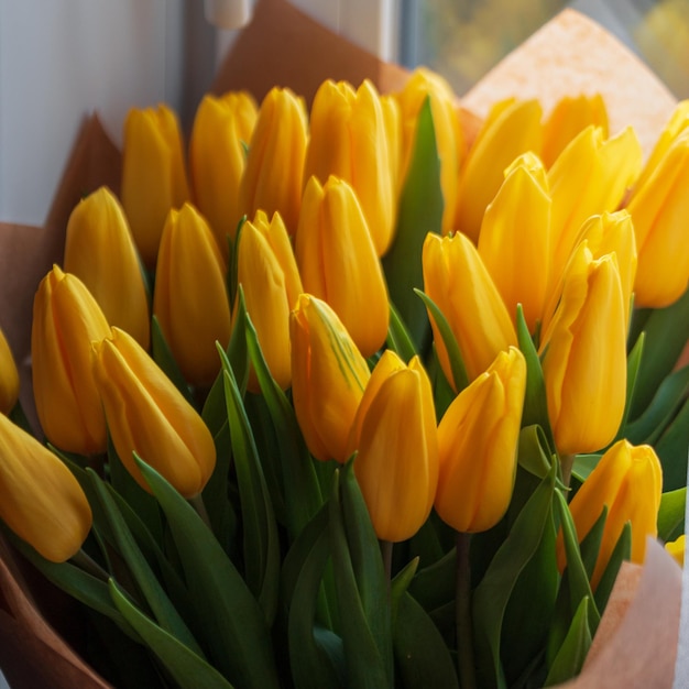 Prachtig delicaat lenteboeket van gele tulpen Lente en Vrouwendag