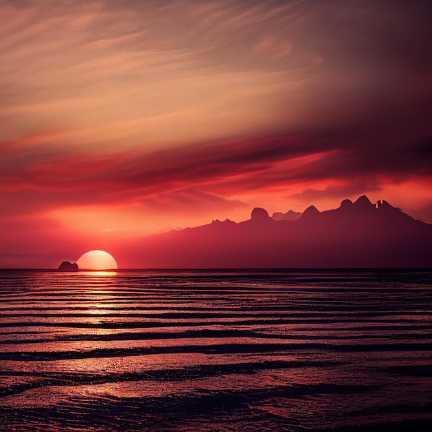 Prachtig eiland in zonsondergang met tegenlicht en silhouet