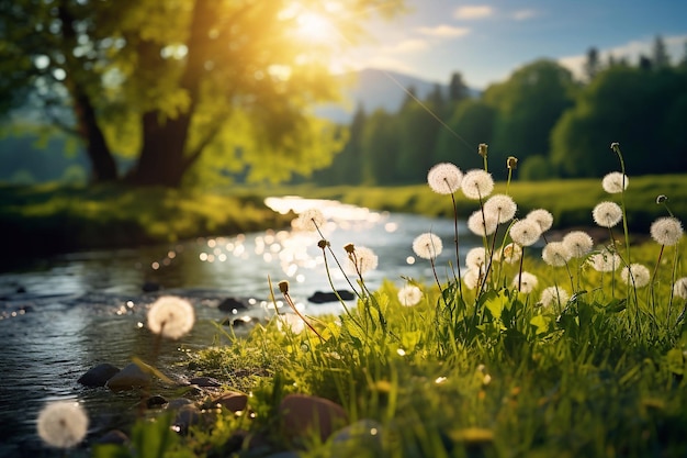 Prachtig en charmant voorjaars natuurscene Prachtig landschap Park met paardenbloem groen gras