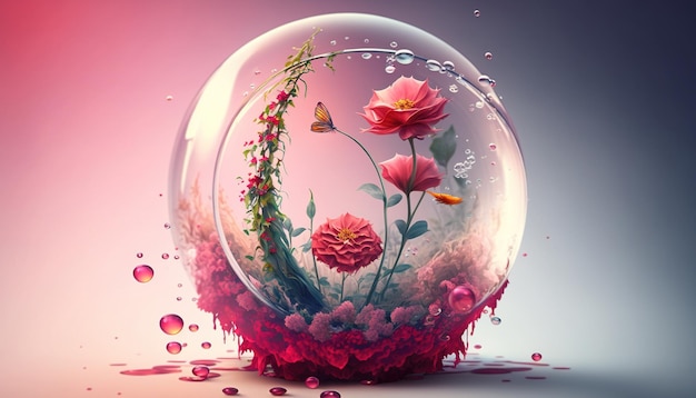 Prachtig en prachtig 3D-gerenderde kunstwerken van bloemen gevangen in bubbels