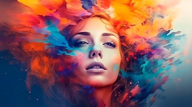Prachtig fantasie abstract portret van een mooie vrouw dubbele belichting met een kleurrijke digitale verfplons of ruimtenevel generatieve AI
