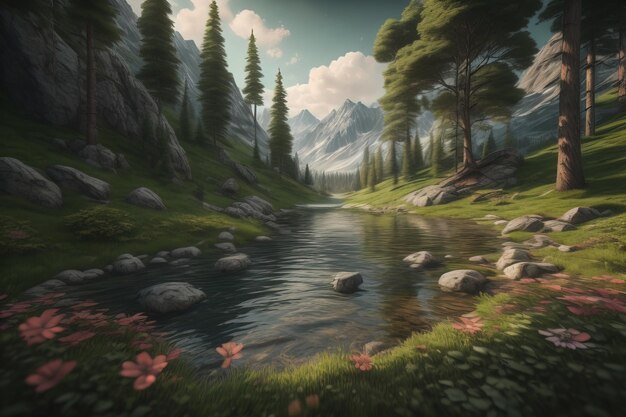 Foto prachtig fantasie landschap met een rivier in de bergen ai generatief