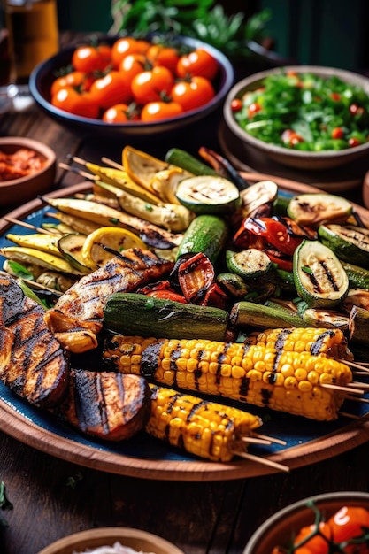 Prachtig gearrangeerde vegetarische gegrilde groenten op grote schaal voor zomerfeest Generatieve AI