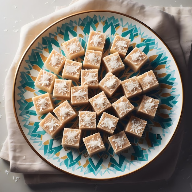 Prachtig gedecoreerde kokosfudge op ontworpen bord