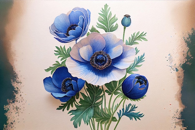 Prachtig geschilderd boeket van blauwe anemonen