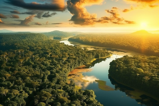 Foto prachtig groen amazone-boslandschap bij zonsopgang