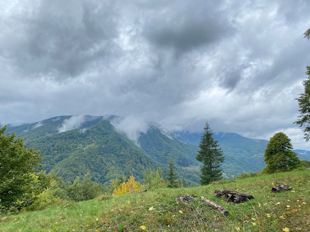 Prachtig herfst berglandschap met regenwolken