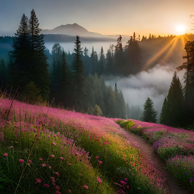 Prachtig herfstlandschap in de bergen met roze bloemen Zonsopgang