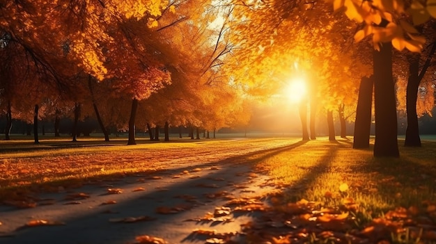 Prachtig herfstlandschap met gele bomen en zon Kleurrijk gebladerte in het park