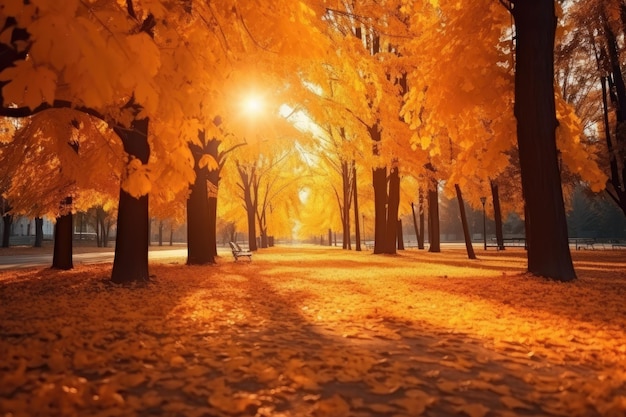 Prachtig herfstlandschap met gele bomen, zonnige luchten, kleurrijk gebladerte en bladeren die in een park vallen