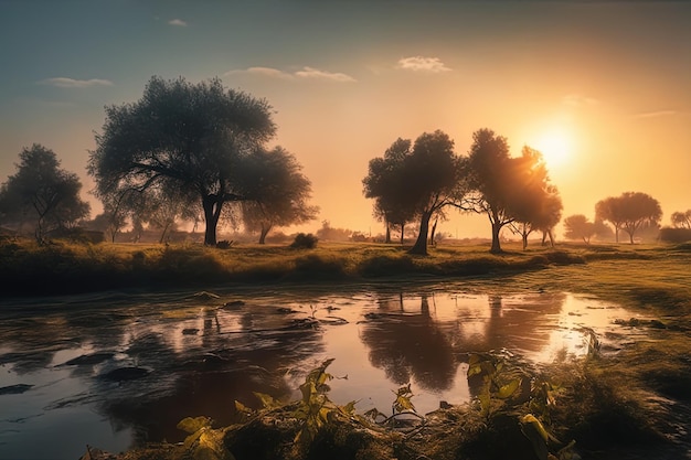 prachtig herfstlandschap met rivier prachtig herfstlandschap met rivier prachtige zonsondergang over de