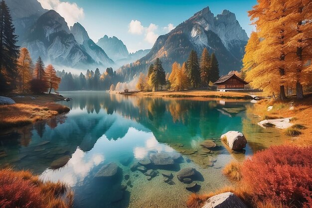 Prachtig herfstlandschap van het Hintersee-meer Kleurrijk ochtendbeeld van de Beierse Alpen aan de Oostenrijkse grens Duitsland Europa Schoonheid van de natuur achtergrondconcept