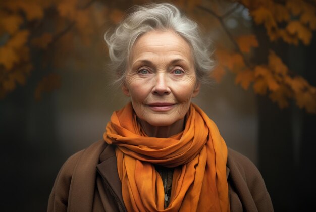 Prachtig herfstportret van een bejaarde mooie vrouw prachtig herfstportrait van een beiaarde mooie vrouw foto van hoge kwaliteit