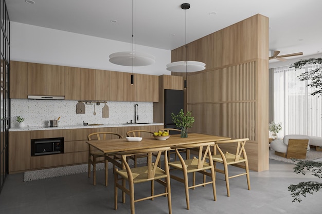 Prachtig houten concept voor eetkamer en keuken waarbij de indeling met houten meubels, planten en natuur als thema heeft