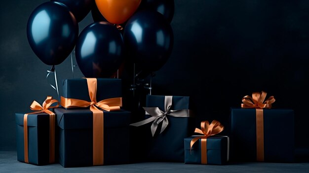 Prachtig ingepakte cadeaus met linten en ballonnen op humeurige donkerblauwe achtergrond Mannelijke vaderdag en jongensverjaardag Kleurgeneratieve AI-illustrator