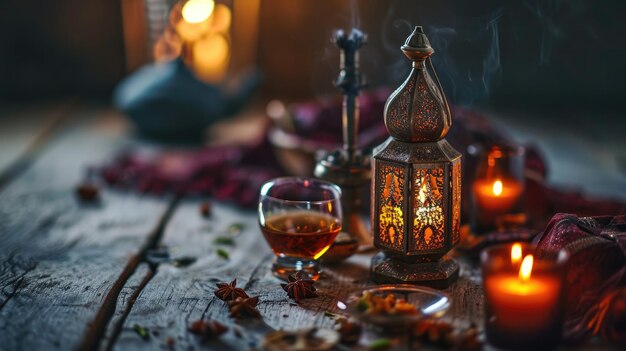 Foto prachtig ingerichte tafel met oosterse lekkernijen en dranken lantaarns en kaarsen voor het vieren van de ramadan