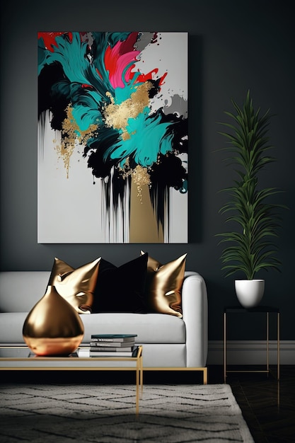 Prachtig interieurontwerp met fauteuil en abstracte muurschildering in de kleuren wit, blauw en goud Generative Ai