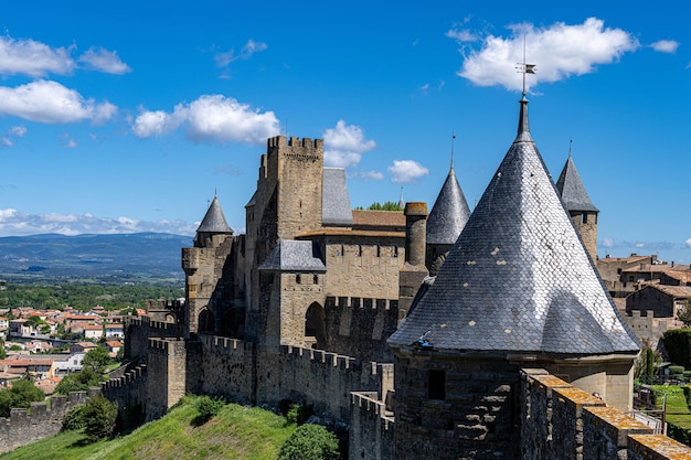 Prachtig kasteel op een weelderige groene heuvel met uitzicht op een uitgestrekt stadsbeeld Cite de Carcassonne
