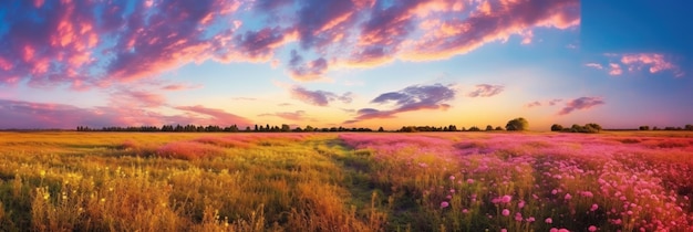 Prachtig kleurrijk landschap Geel veld van bloei op de achtergrond blauwe hemel