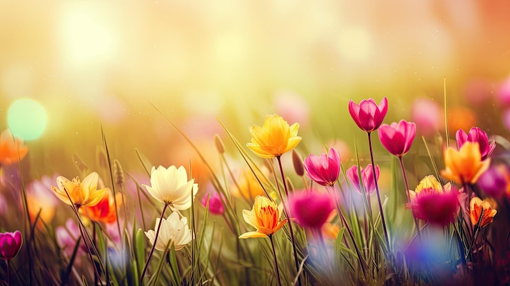 Foto prachtig kleurrijk landschap vol bloemen voor de komst van de lente generatieve ai