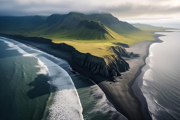 Prachtig kustzicht van Kamchatka Krai met vulkanische toppen en kamp op het strand onder bewolkt