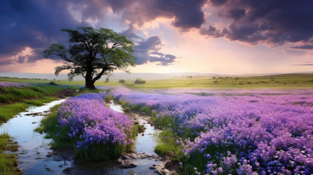 Prachtig landelijk landschap met bloeiende paarse bloemen