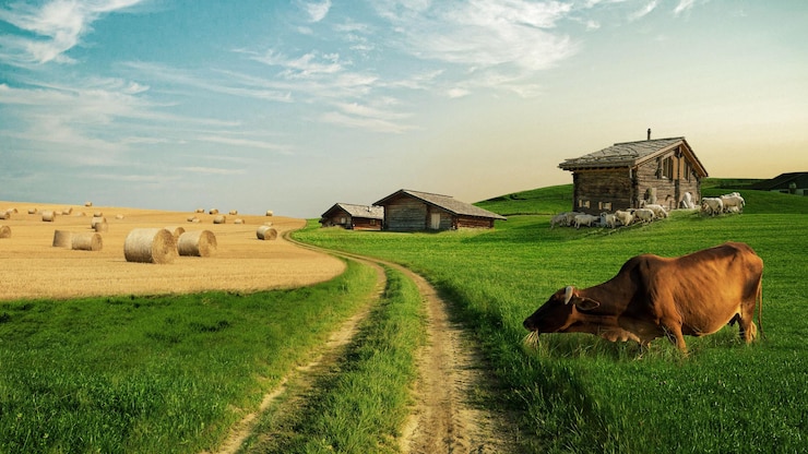 Foto prachtig landelijk natuurpanorama met groen veld koe hooi en landelijke huizen met schapen landbouw- en ecologische producten concept zandpad leidt naar houten huizen dorp