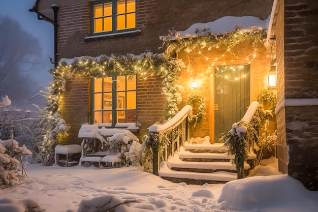 Prachtig landhuis ingericht voor Kerstmis op een besneeuwde winteravondvakantie en feestelijke postprocessed generatieve ai