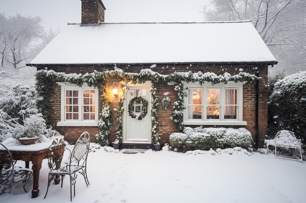 Prachtig landhuis ingericht voor Kerstmis op een besneeuwde winterdagvakantie en feestelijke postprocessed generatieve ai