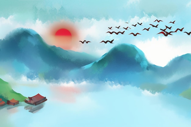 Prachtig landschap achtergrond illustratie zon berg vogel rivier meer boot aquarel behang