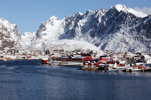 Prachtig landschap. gids voor Reine op de Noorse Lofoten-eilanden. Noorwegen