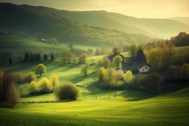 Prachtig landschap landschap met groene weide op de heuvel Gemaakt met generatieve AI-technologie