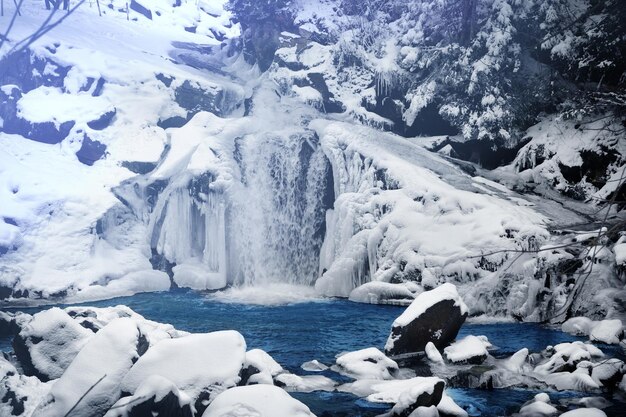 Prachtig landschap met bergbeek en waterval op winterdag