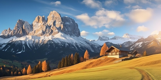 Prachtig landschap met een kleine houten blokhut op een weiland tijdens zonsopgang