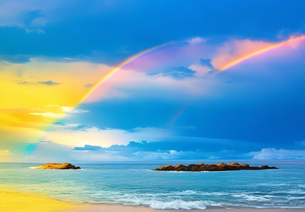 Prachtig landschap met een turquoise regenboog over de zee bij zonsondergang