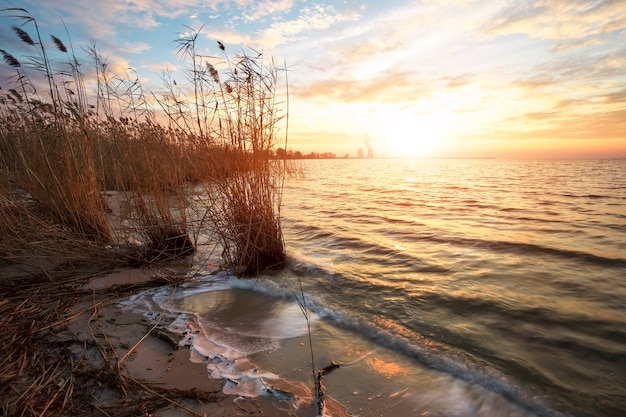 Prachtig landschap met het stuwmeer, het riet, de avondrood en de elektriciteitscentrale.