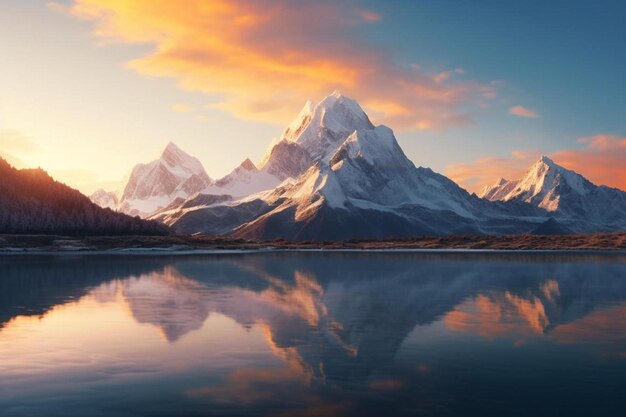 prachtig landschap met hoge bergen met verlichte toppen