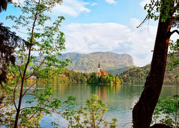 Prachtig landschap met kerk in het midden van het meer van Bled, Slovenië