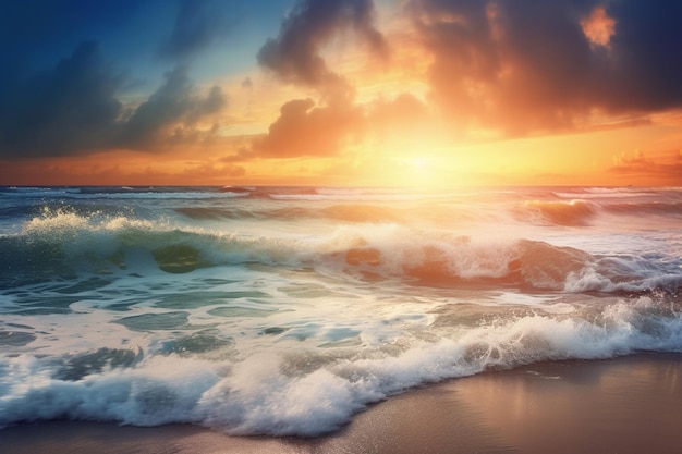 Prachtig landschap met kleurrijke Ocean Wave zeezonsondergang op strandlicht en wolken op de achtergrond zomerstemming generatieve AI