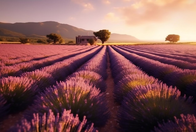 Prachtig landschap met lavendelveld bij zonsondergang Generatieve AI