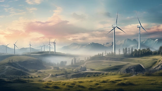 Prachtig landschap met windturbine, schone energie en opwarming van de aarde.