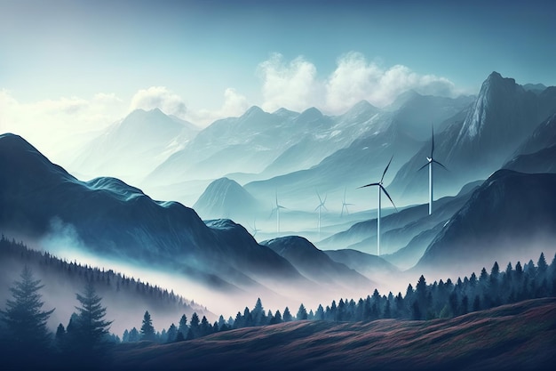 Prachtig landschap met windturbines en bergen in mist Generatieve AI